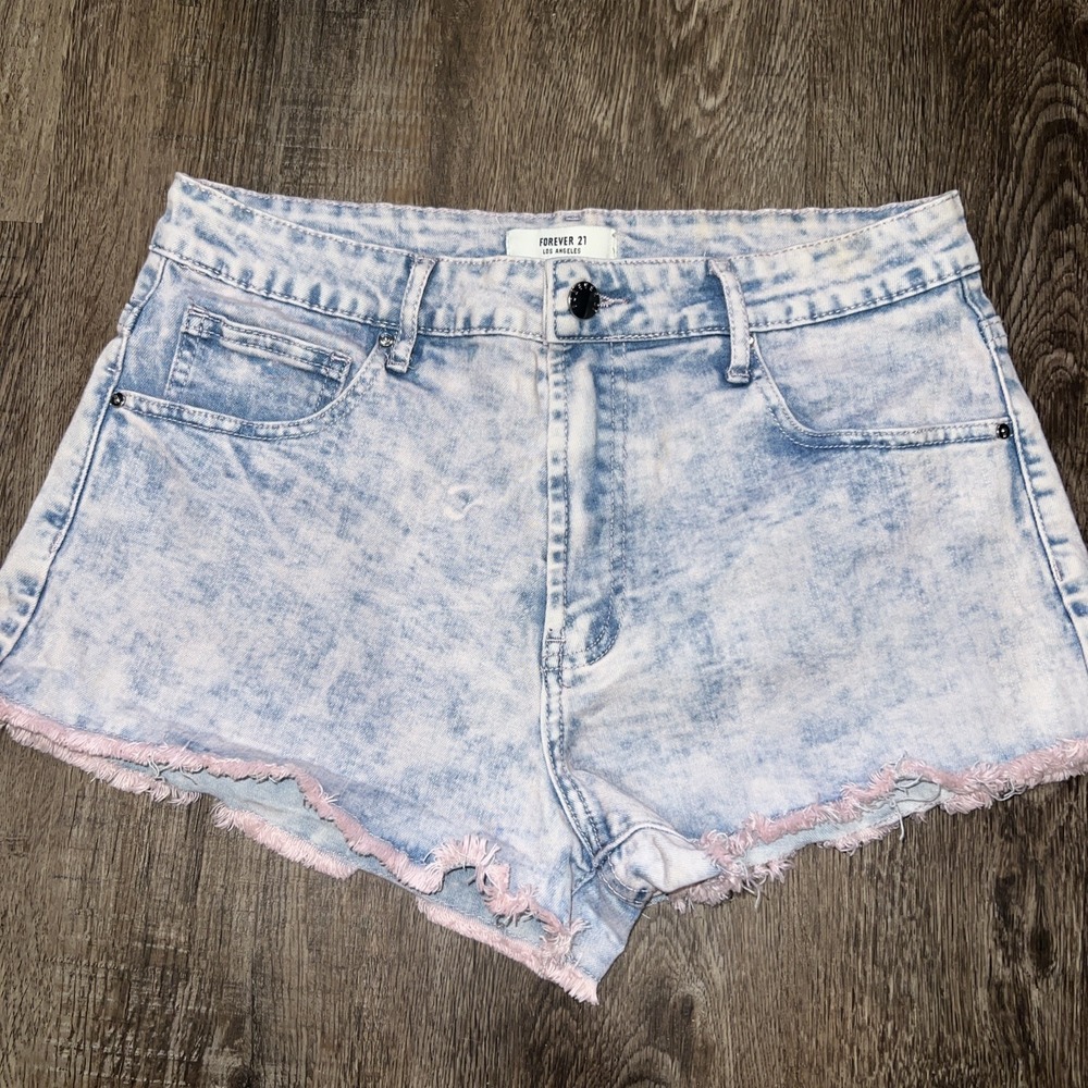 Forever 21~size 28~Womens Shorts Blue Pink Hue Fringed Jean Cutoff Summer